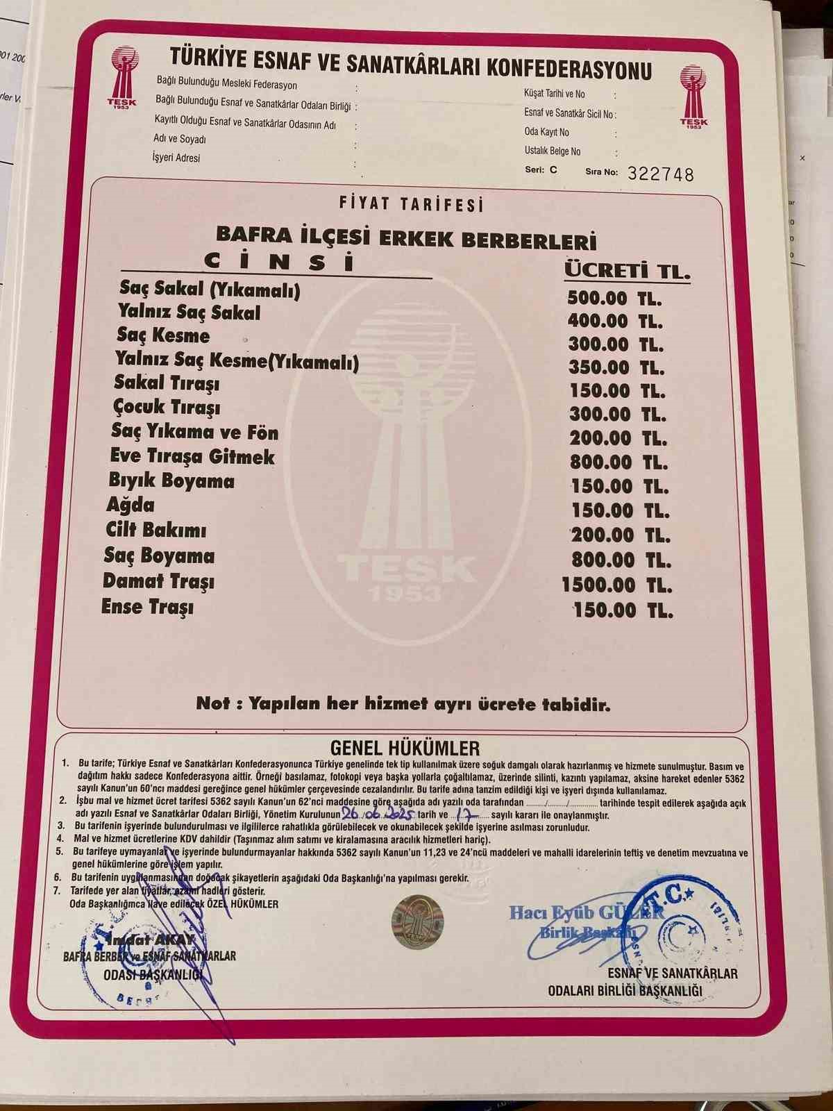 Bafra’da berber ve kuaförlere zam: Ense tıraşı 150 lira