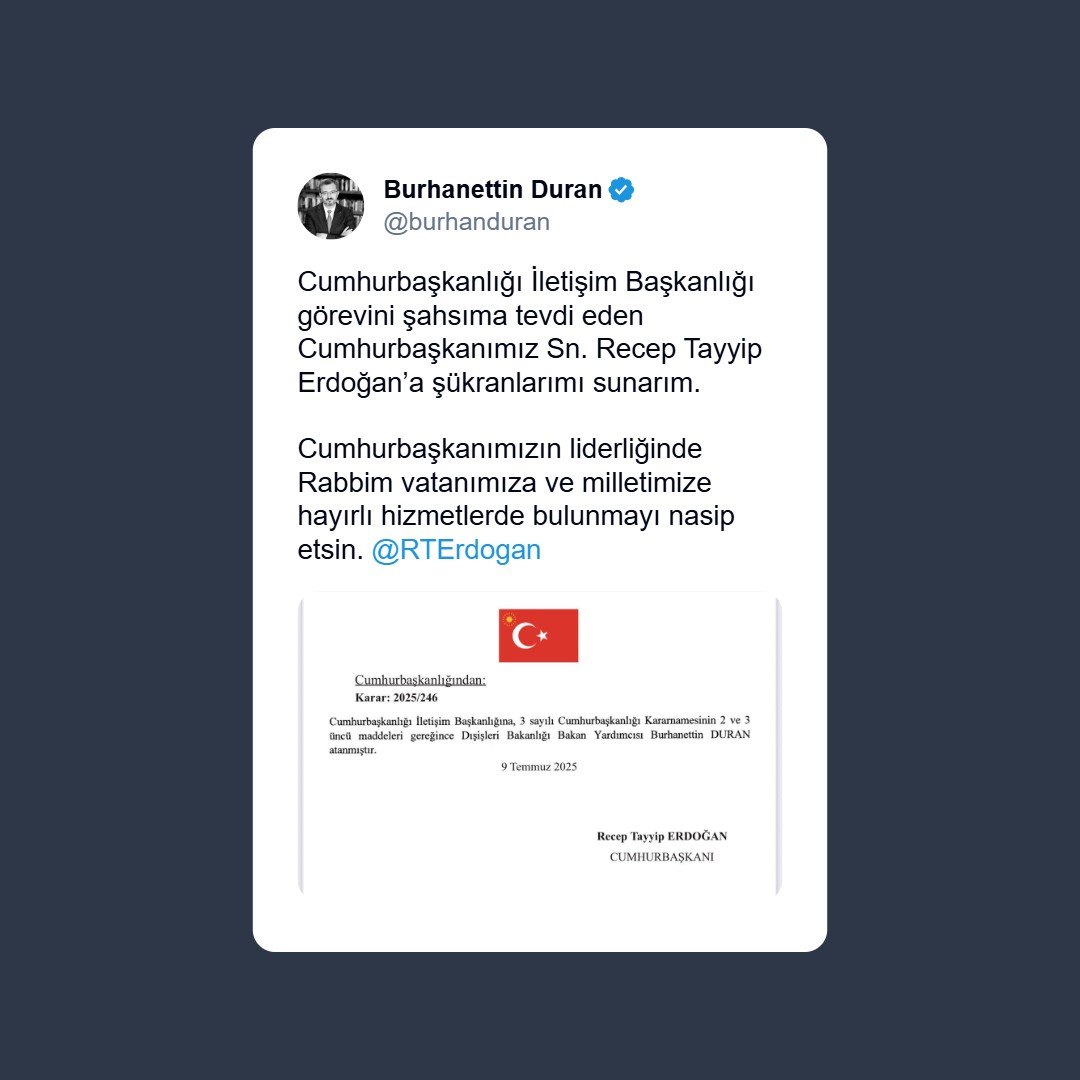 Burhanettin Duran, Cumhurbaşkanlığı İletişim Başkanlığına atandı