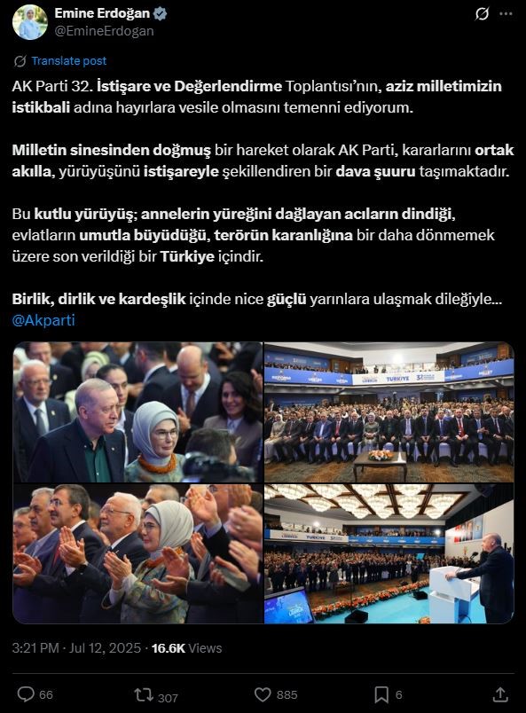 Emine Erdoğan’dan AK Parti 32. İstişare ve Değerlendirme Toplantısı’na ilişkin paylaşım
