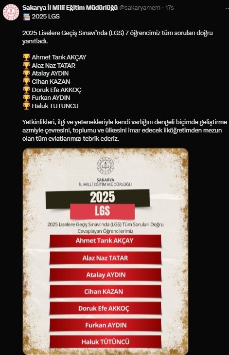 Sakarya’da 7 öğrenci 500 tam puan alarak LGS’de Türkiye birincisi oldu