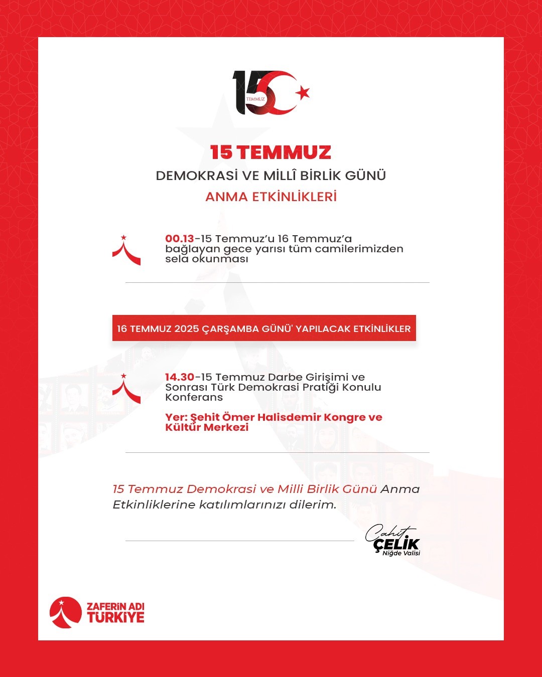 Niğde’de 15 Temmuz Şehitleri dualarla anılacak