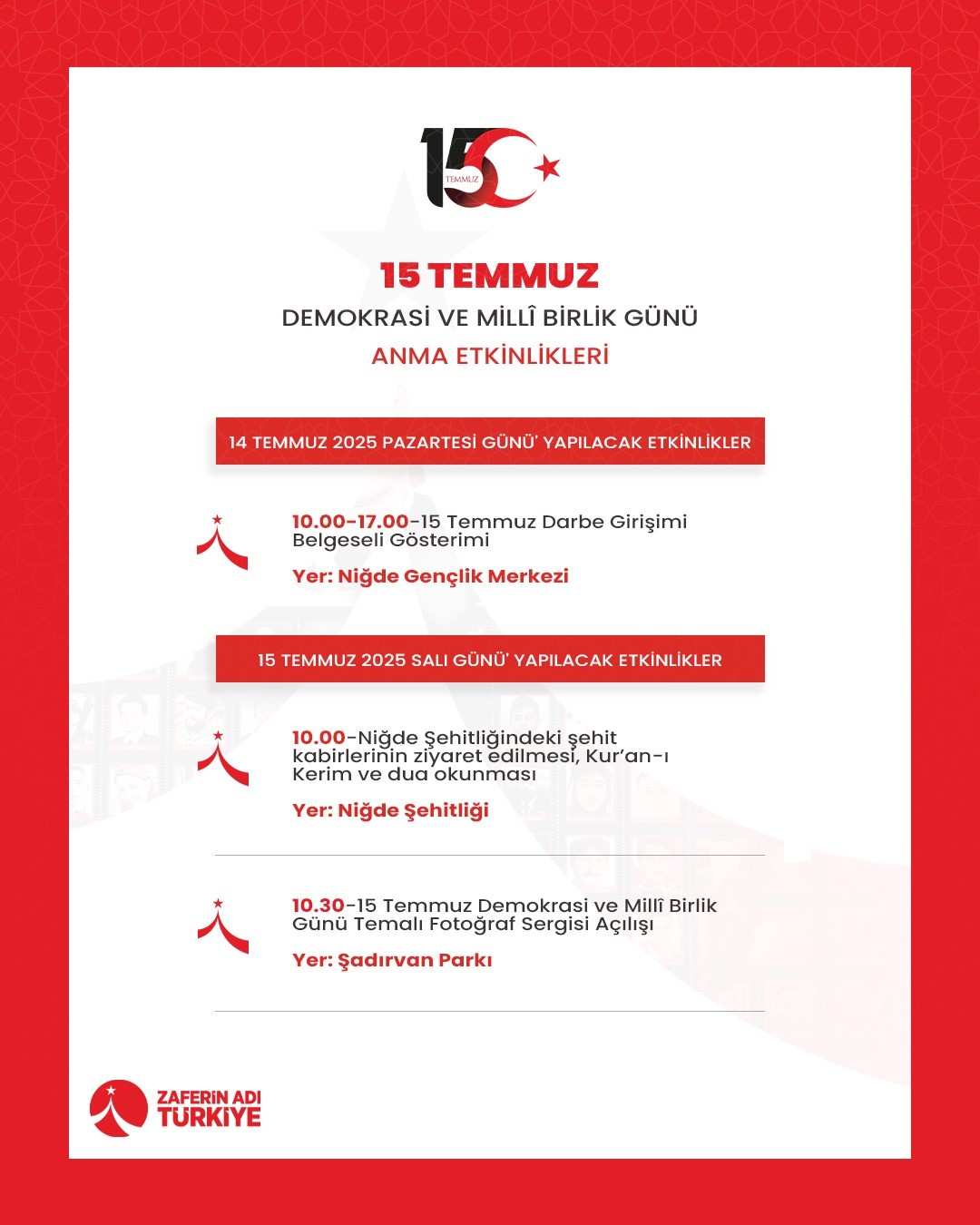 Niğde&rsquo;de 15 Temmuz Şehitleri dualarla anılacak
