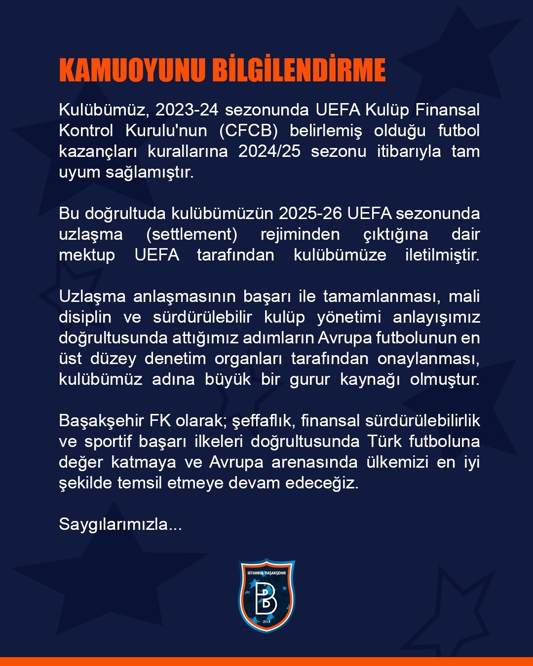 UEFA’dan Başakşehir’e ’Finansal Kontrol’ mektubu