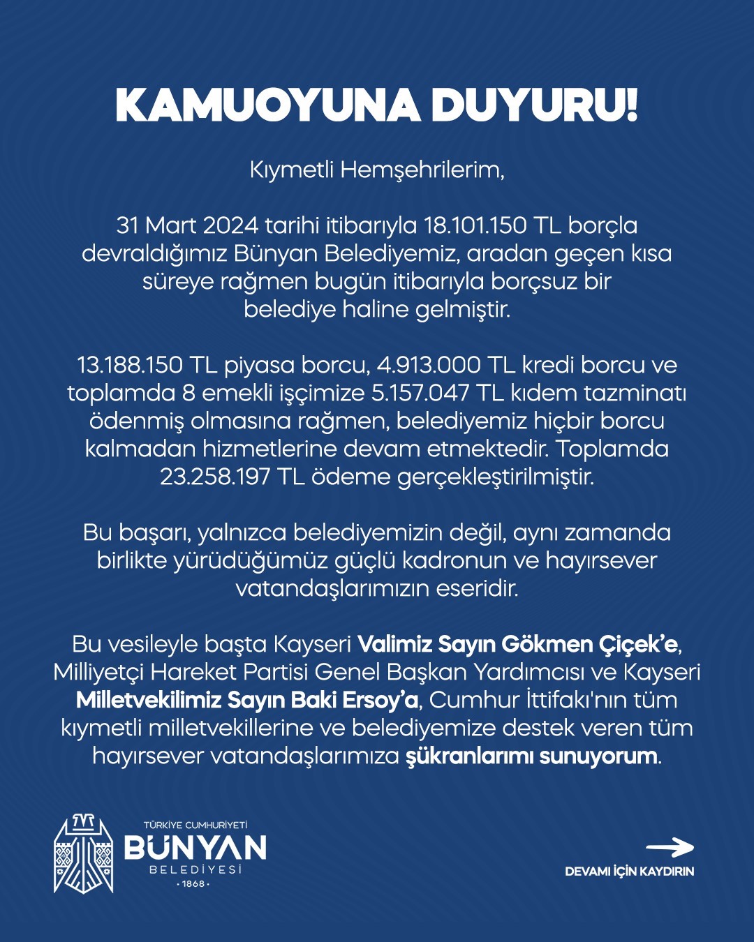 Bünyan Belediyesi borçsuz hale geldi