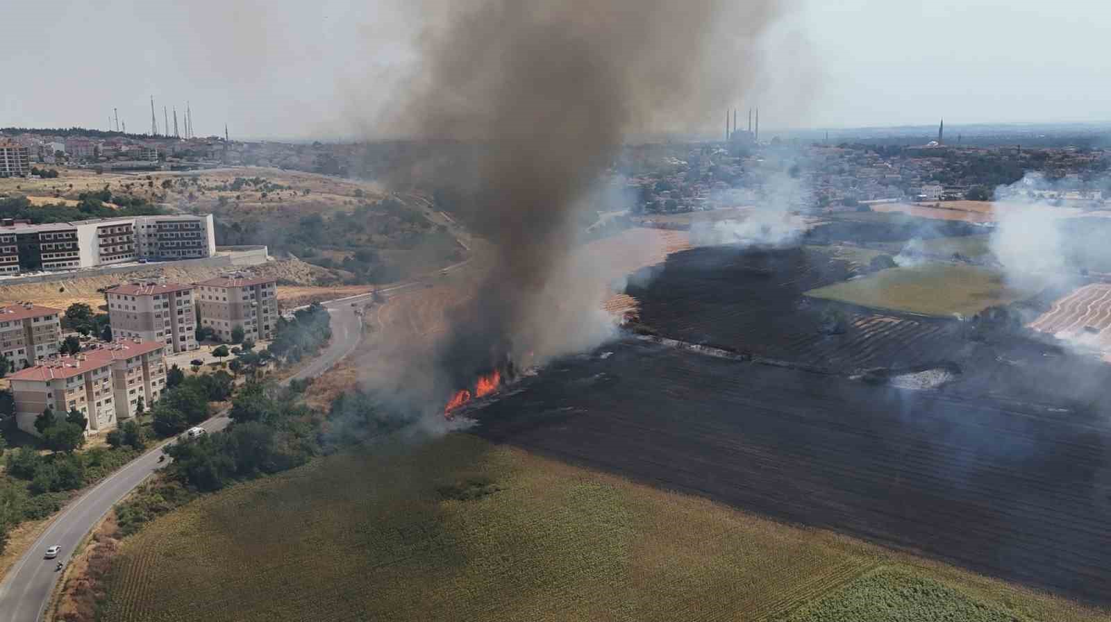 Edirne’de anız yangını yerleşim bölgesine metreler kala söndürüldü