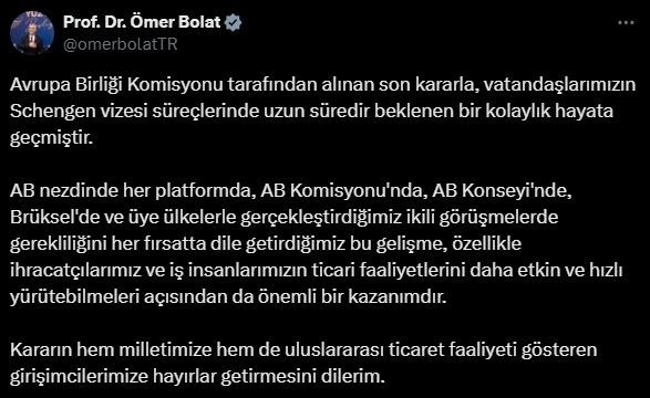 Bakan Bolat: "Schengen vizesi süreçlerinde uzun süredir beklenen bir kolaylık hayata geçmiştir"