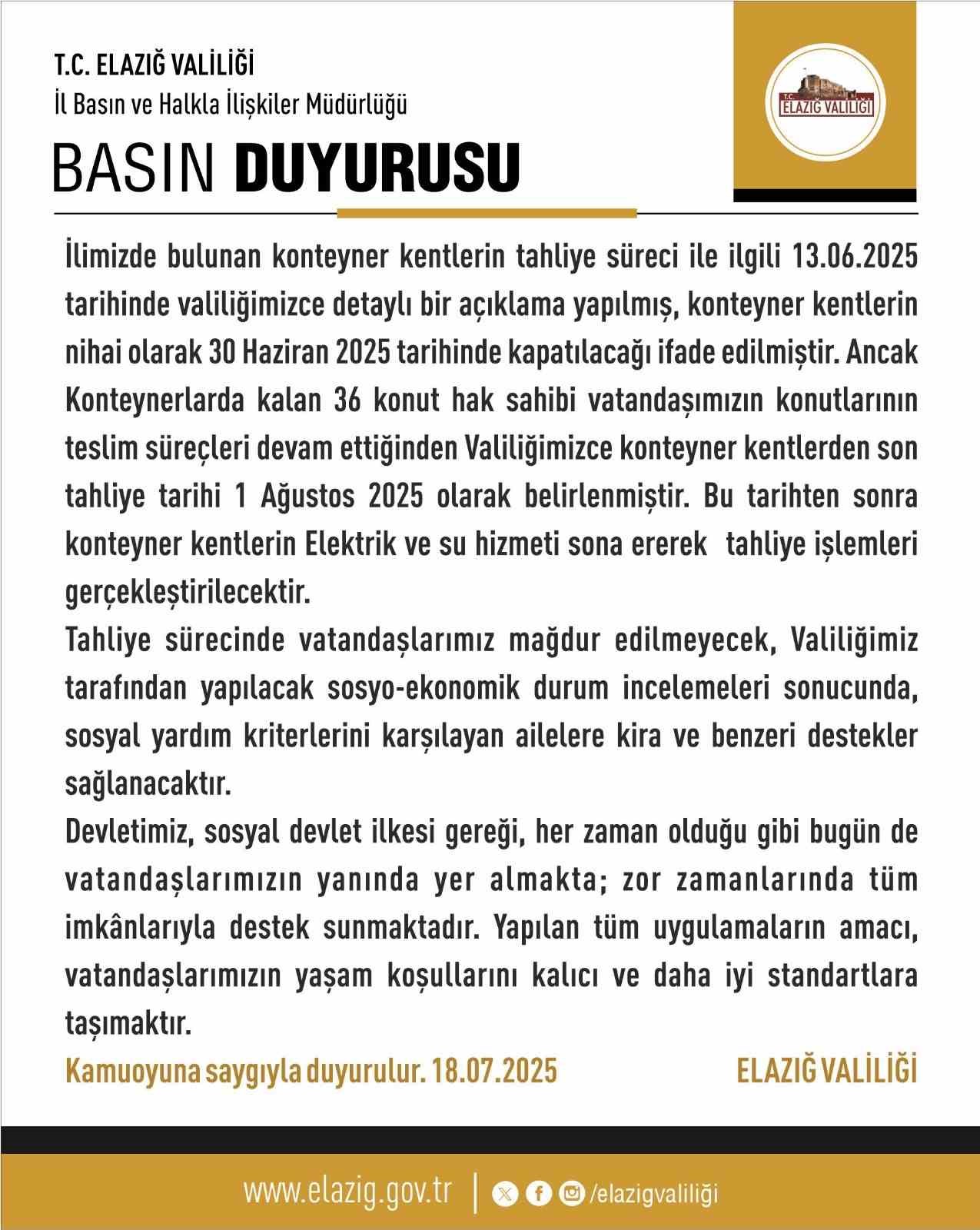 Elazığ’da konteyner kentlerde son tahliye tarihi 1 Ağustos
