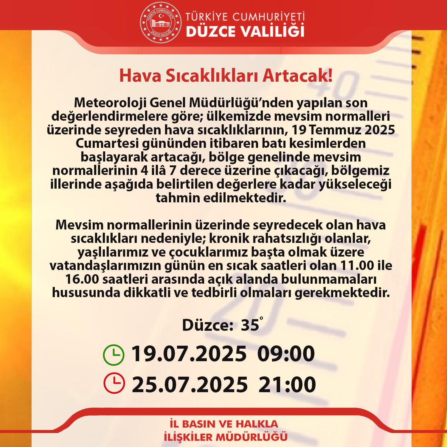 D&uuml;zce Valiliği&rsquo;nden sıcak hava uyarısı
