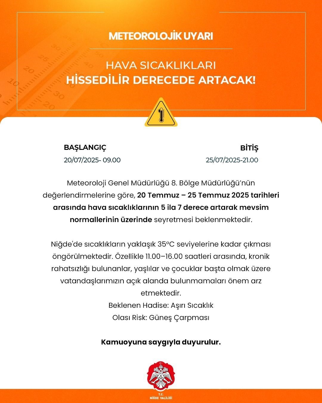 Niğde’de hava sıcaklıkları mevsim normallerinin üzerine çıkacak