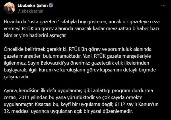 RTÜK Başkanı Şahin: "RTÜK gazete manşetleriyle ilgilenmez"