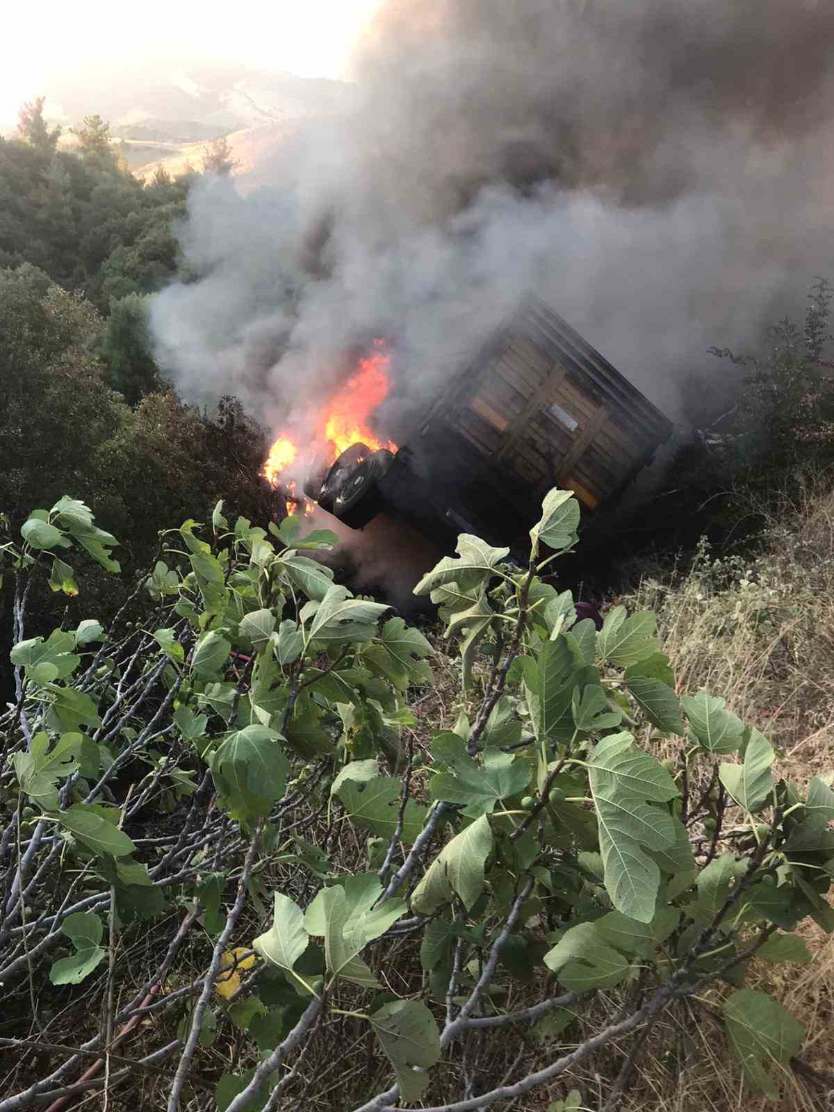 Manisa’da alev alan kamyon şarampole uçtu, yangın ormana sıçramadan söndürüldü