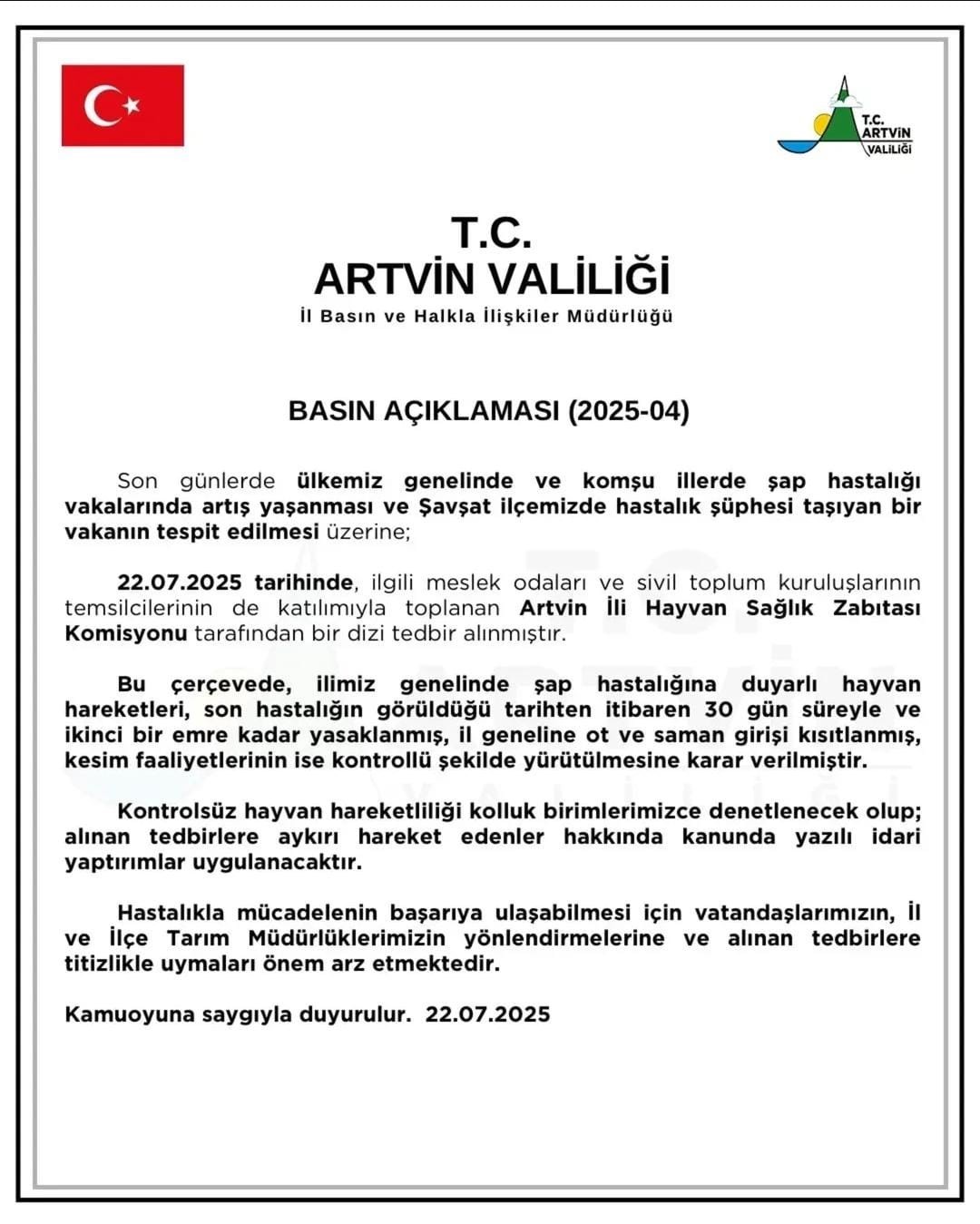 Artvin’de şap hastalığına karşı hayvan hareketleri 30 gün yasaklandı