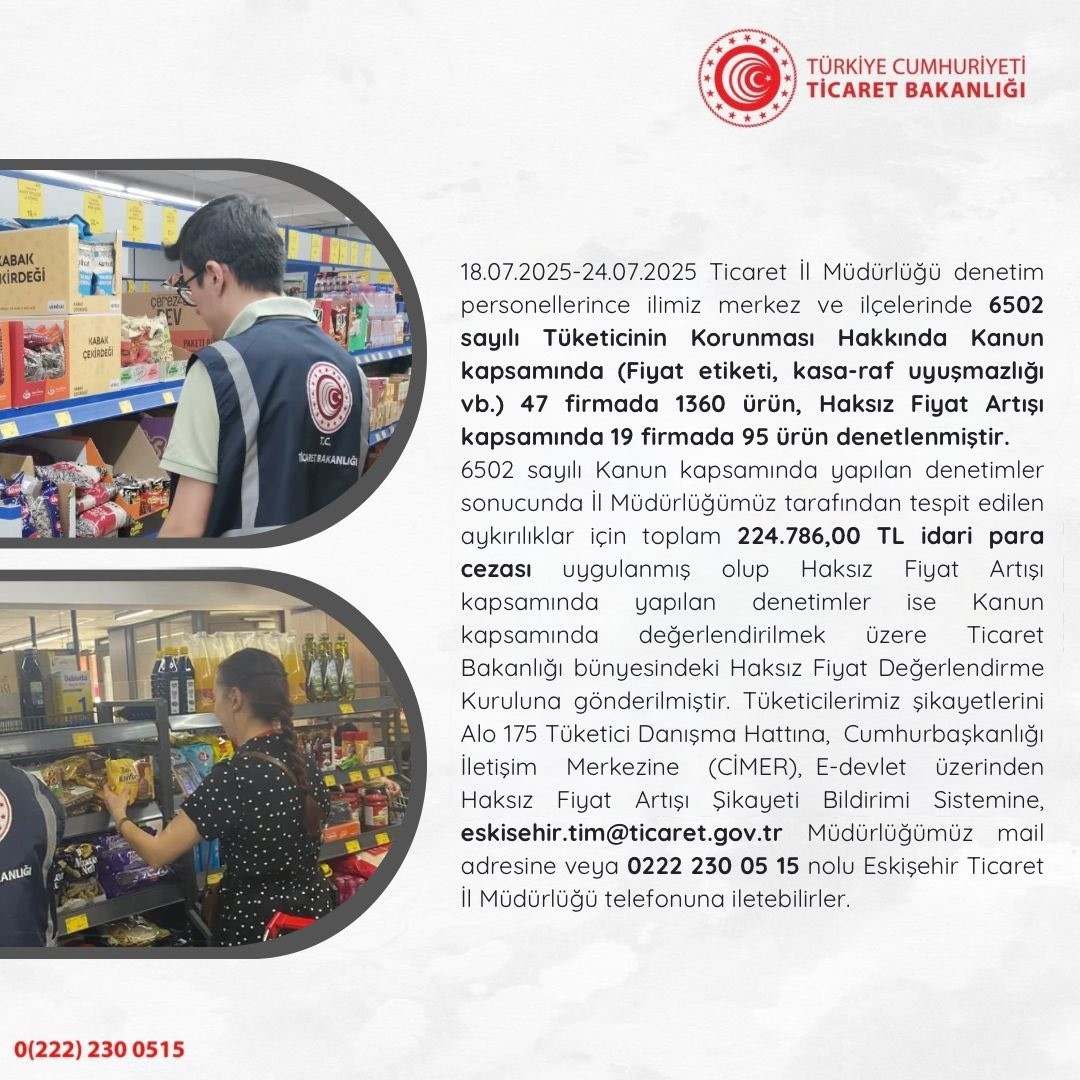 Eskişehir Ticaret İl Müdürlüğü’nün temmuz ayı denetimleri