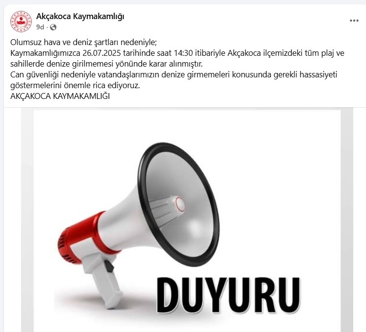 Ak&ccedil;akoca&rsquo;da denize girilmemesi kararı alındı
