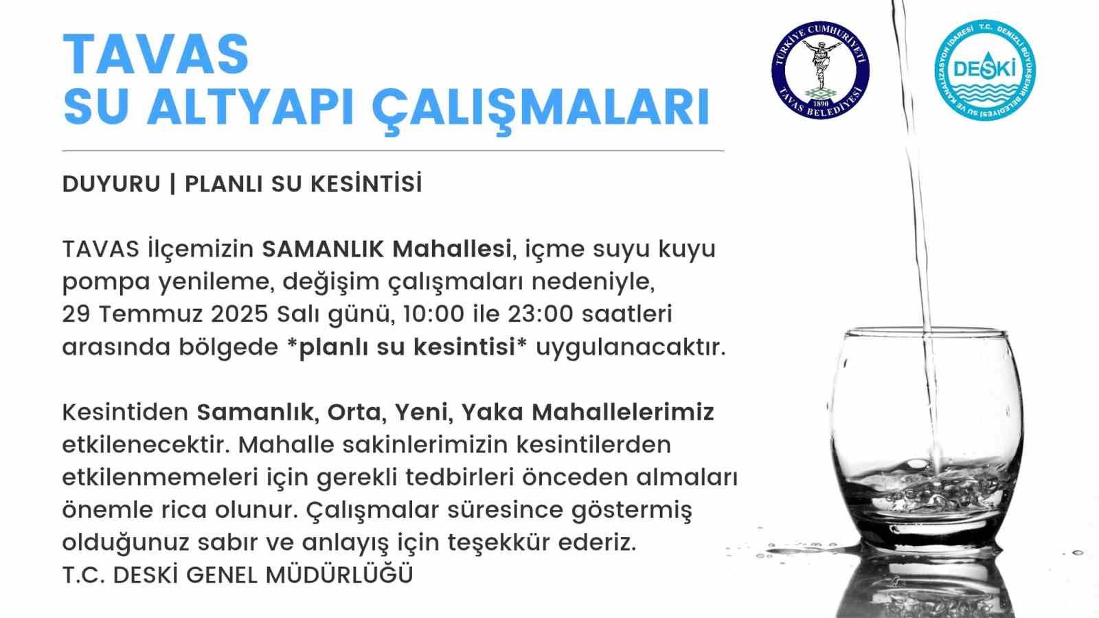 Kuyu pompası yenilenme çalışması sebebiyle Tavas’ta su kesintisi yaşanacak