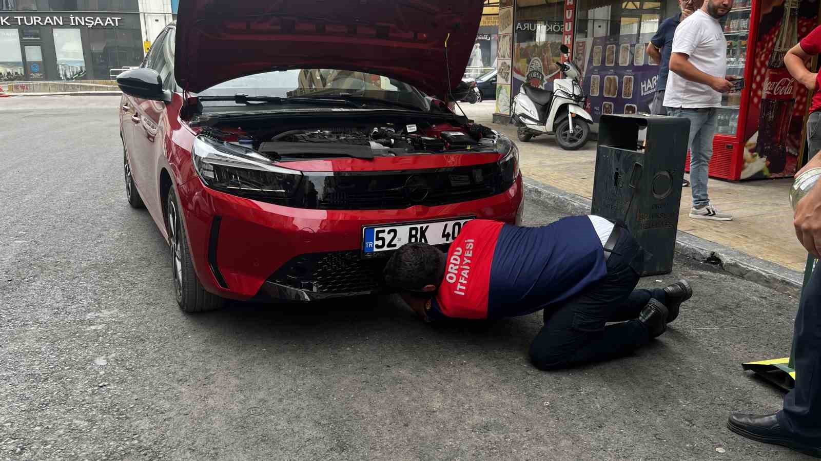 Otomobilin motor kısmında bulunan kedi &ccedil;evredekilerin dikkati sayesinde kurtarıldı
