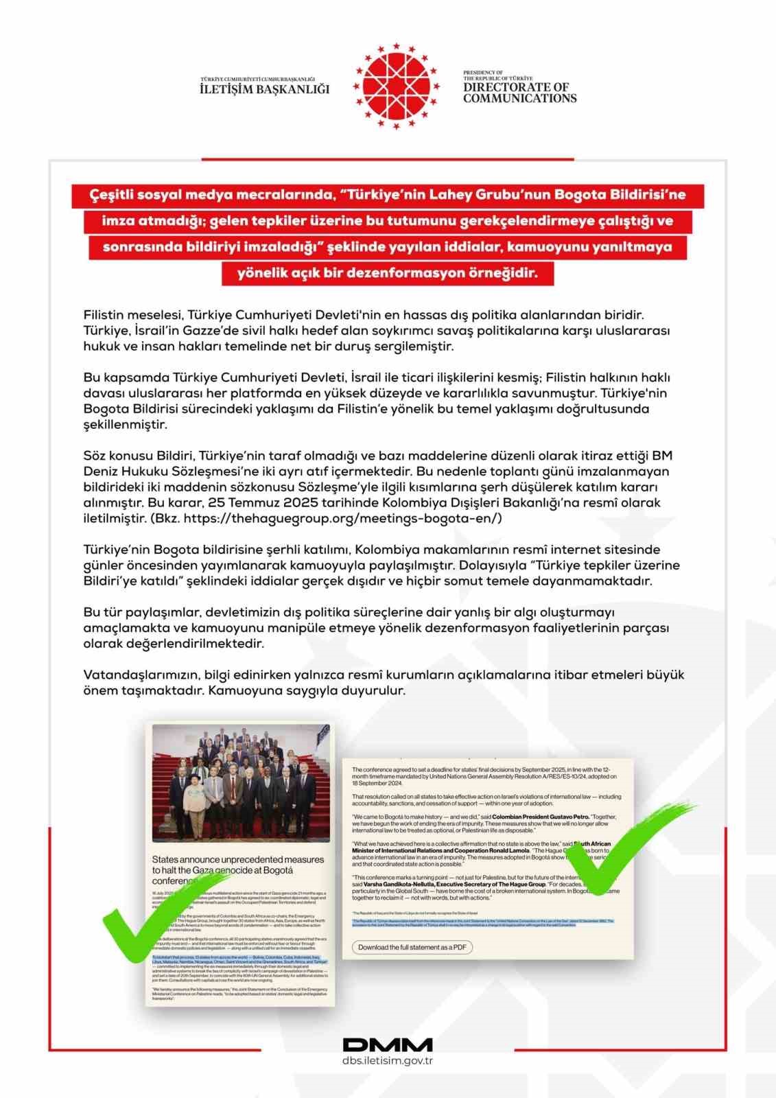 Dezenformasyonla Mücadele Merkezi: "(Bogota Bildirisi) Türkiye tepkiler üzerine bildiriye katıldı şeklindeki iddialar gerçek dışıdır ve hiçbir somut temele dayanmamaktadır"