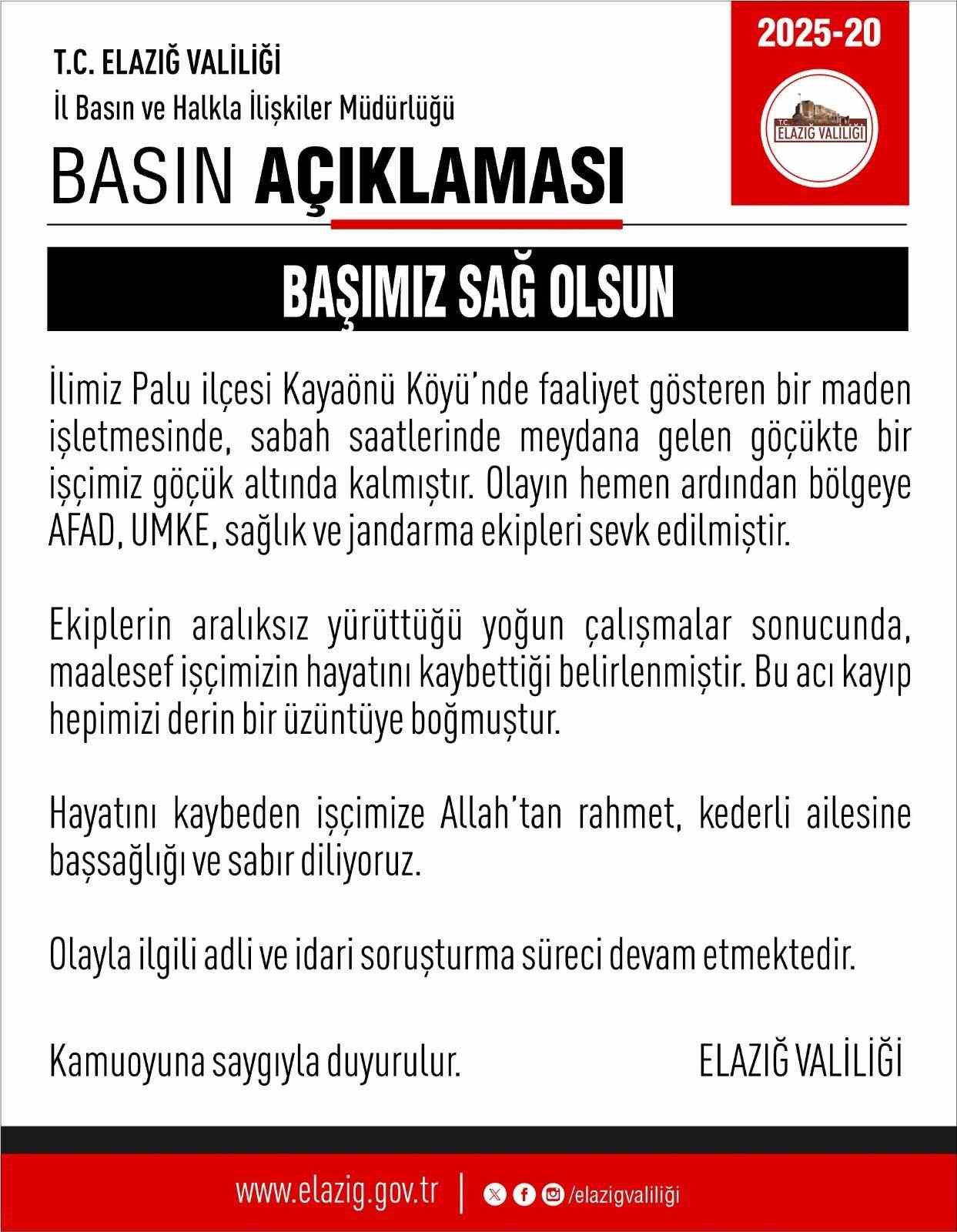 Elazığ’da göçük altında kalan işçinin cansız bedenine ulaşıldı
