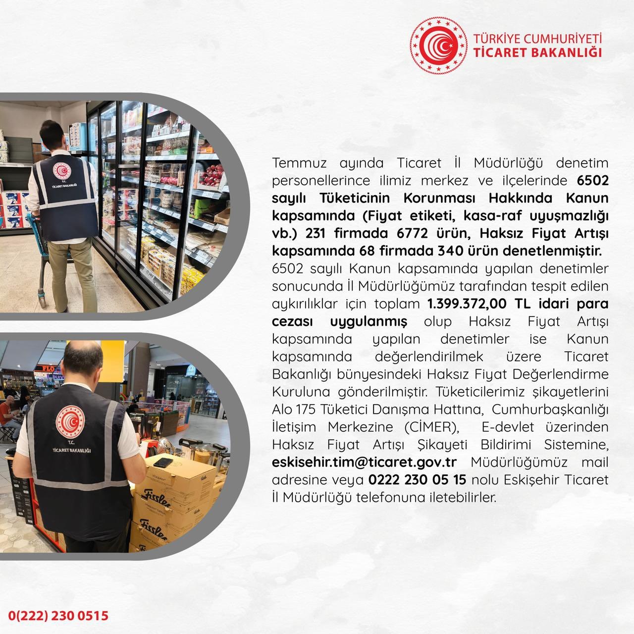 Eskişehir Ticaret İl M&uuml;d&uuml;rl&uuml;ğ&uuml; temmuz ayı denetimlerini
