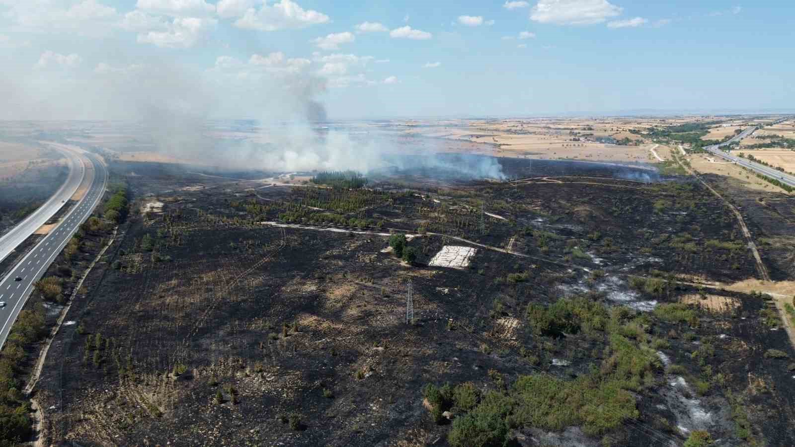 Babaeski’de yanan ormanlık alan havadan görüntülendi