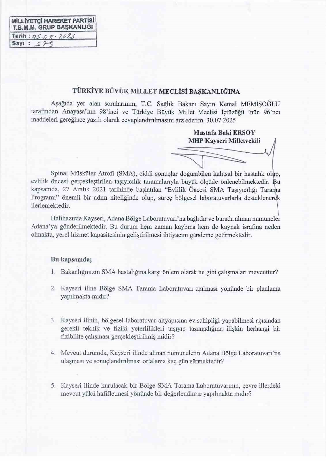 Baki Ersoy&rsquo;dan Kayseri&rsquo;ye B&ouml;lge SMA Laboratuvarı talebi
