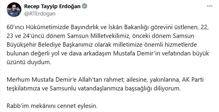 Cumhurbaşkanı Erdoğan’dan Mustafa Demir için taziye mesajı