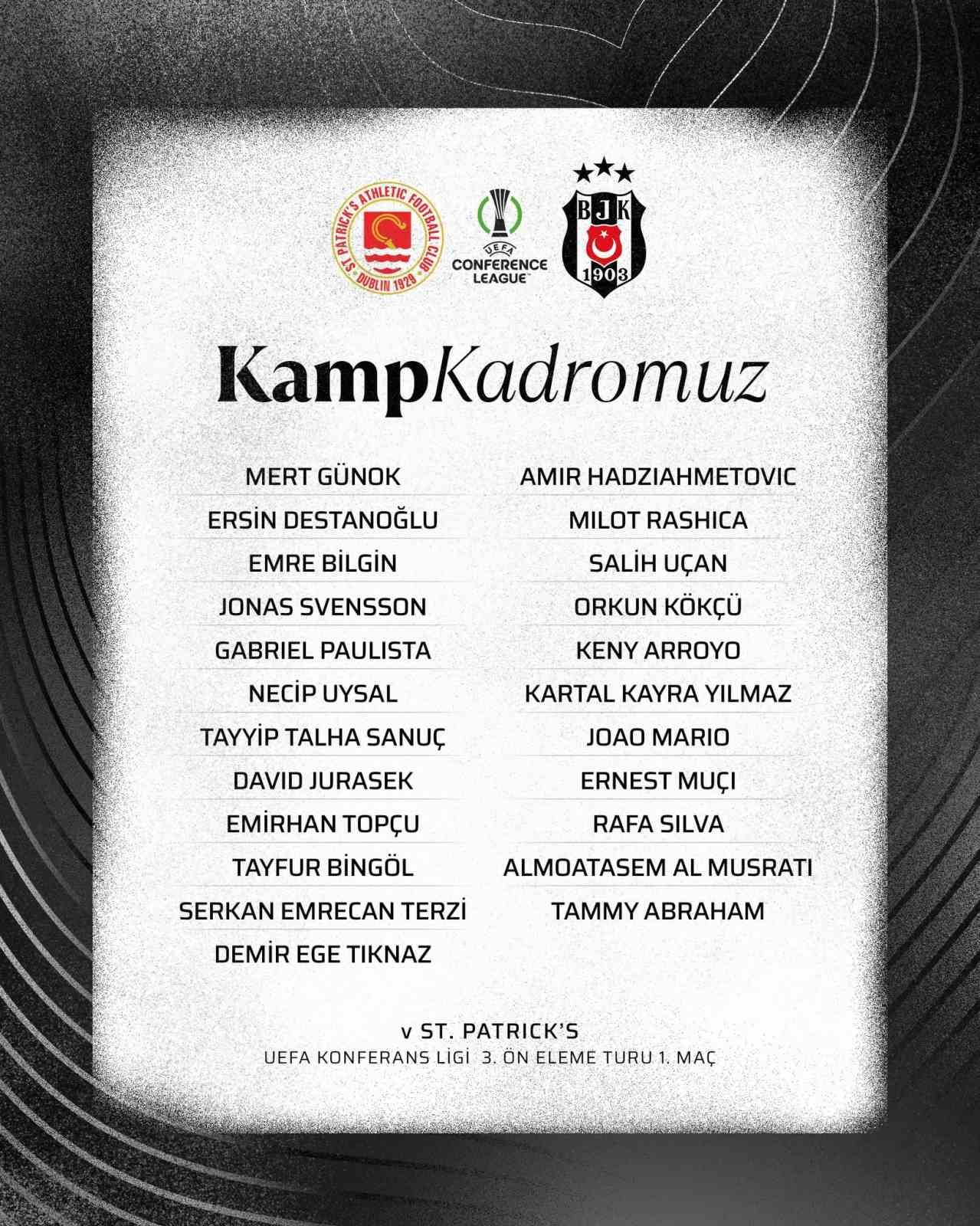 Beşiktaş’ın, St. Patrick’s maçı kamp kadrosu belli oldu