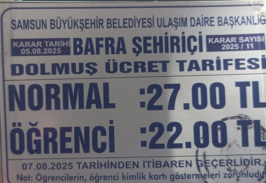 Bafra’da dolmuş ücretlerine zam