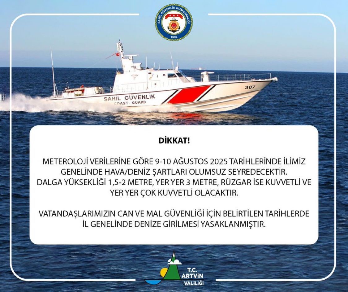 Artvin’de olumsuz hava şartları nedeniyle denize girmek yasaklandı