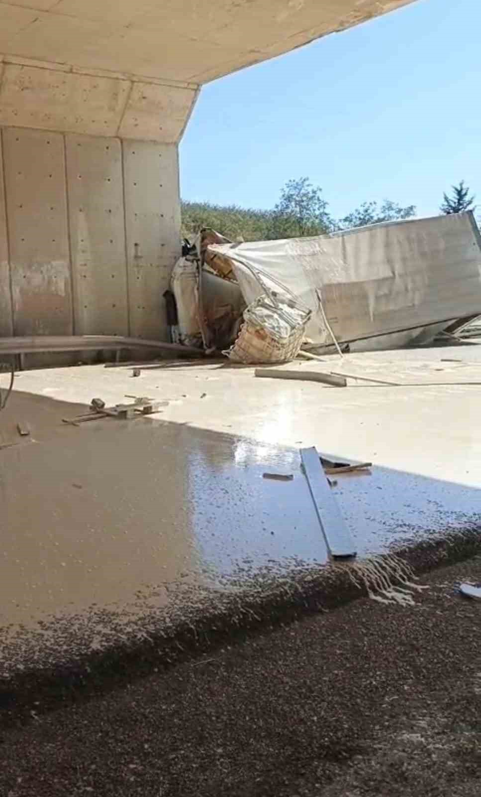 Lastiği patlayan kamyon köprü ayağına çarptı sürücü öldü