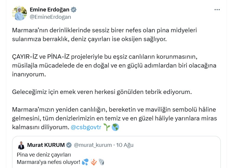 Emine Erdoğan’dan Marmara Denizi’nde başlatılan pina midyeleri ve deniz çayırları projesine ilişkin paylaşım: