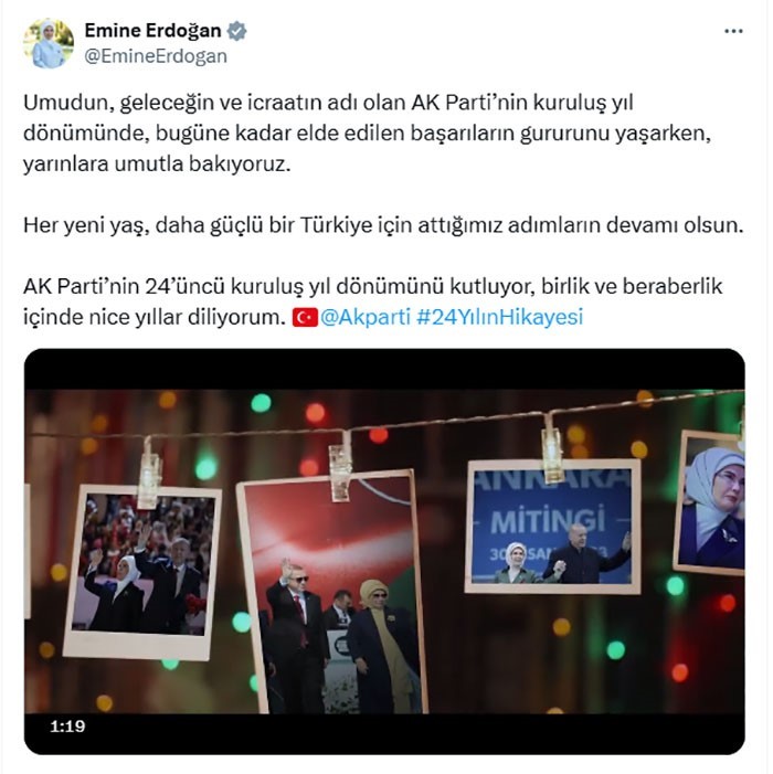Emine Erdoğan’dan AK Parti’nin 24. kuruluş yıl dönümüne ilişkin paylaşım