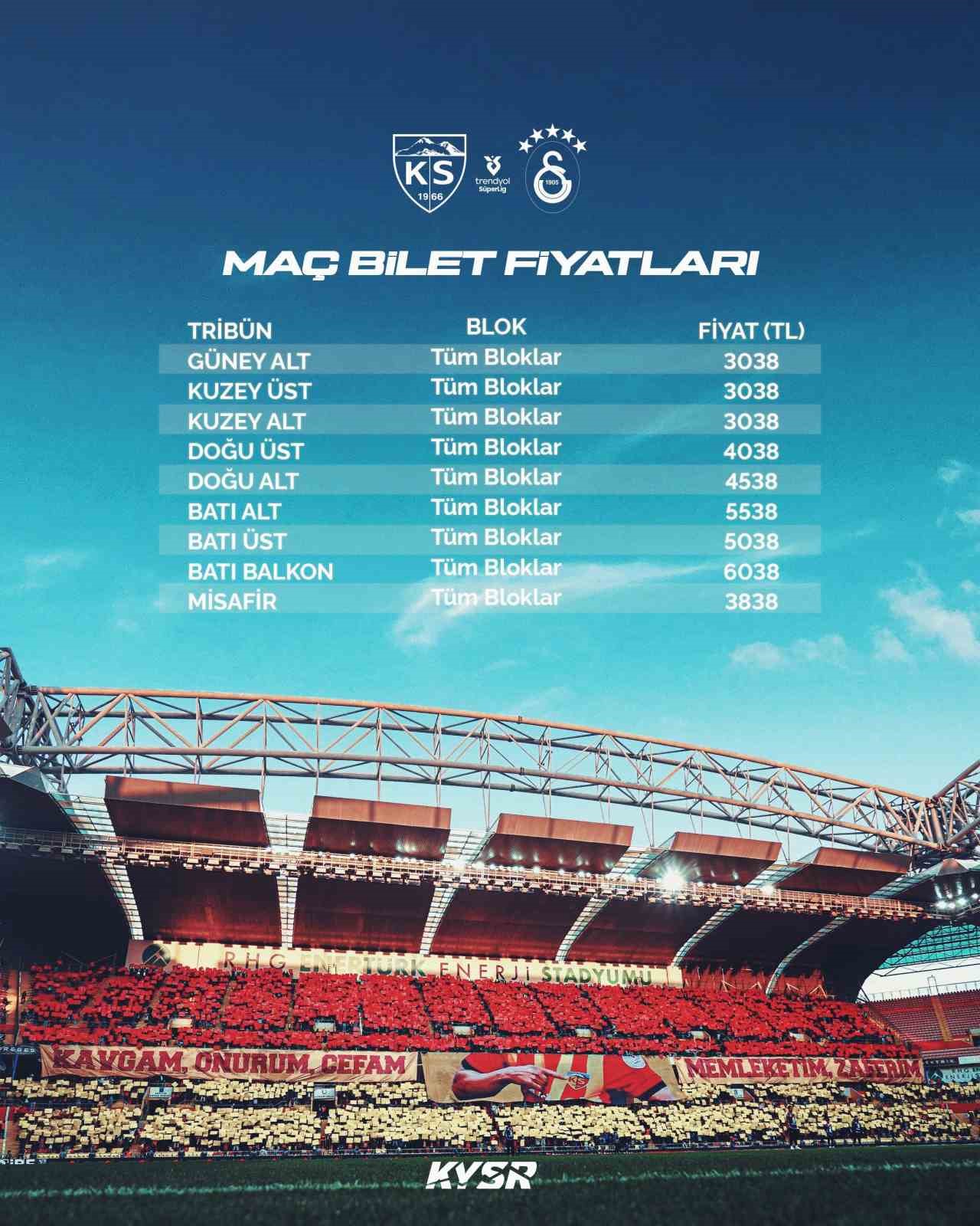 Kayserispor - Galatasaray maçı bilet fiyatları belli oldu