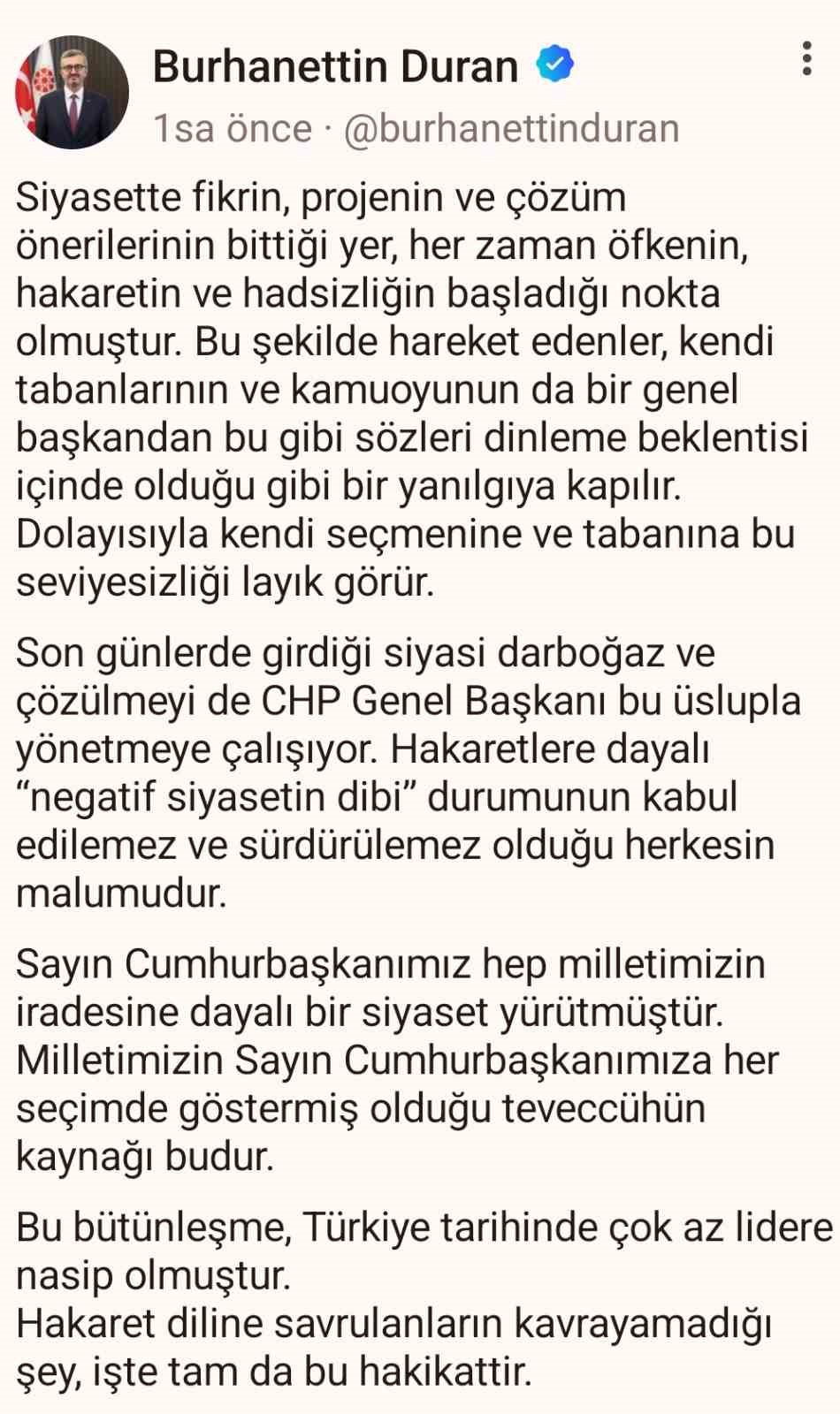 İletişim Başkanı Duran: "Hakaret dilinden Özel’in bir an önce kurtulması gerekiyor"