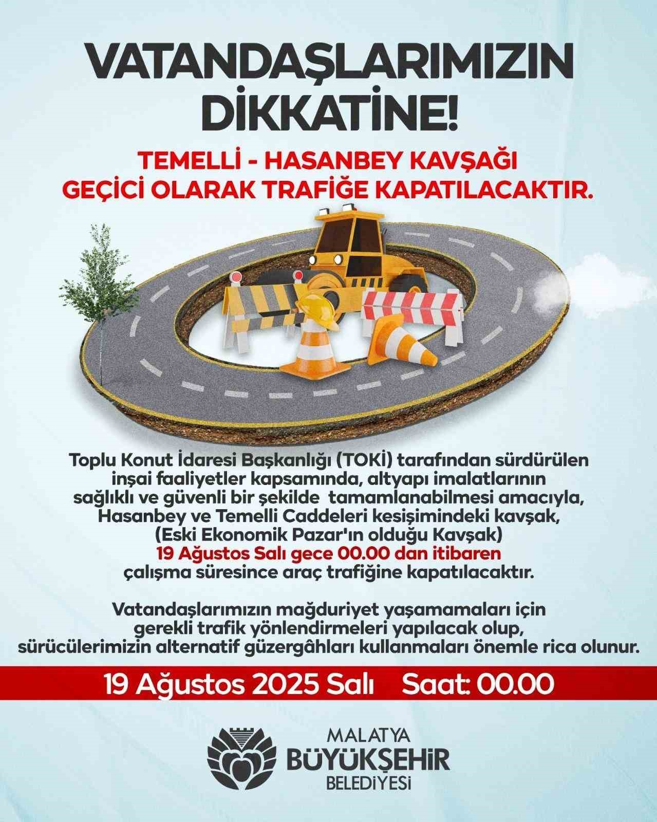 Hasanbey-Temelli kavşağı trafiğe kapatılıyor
