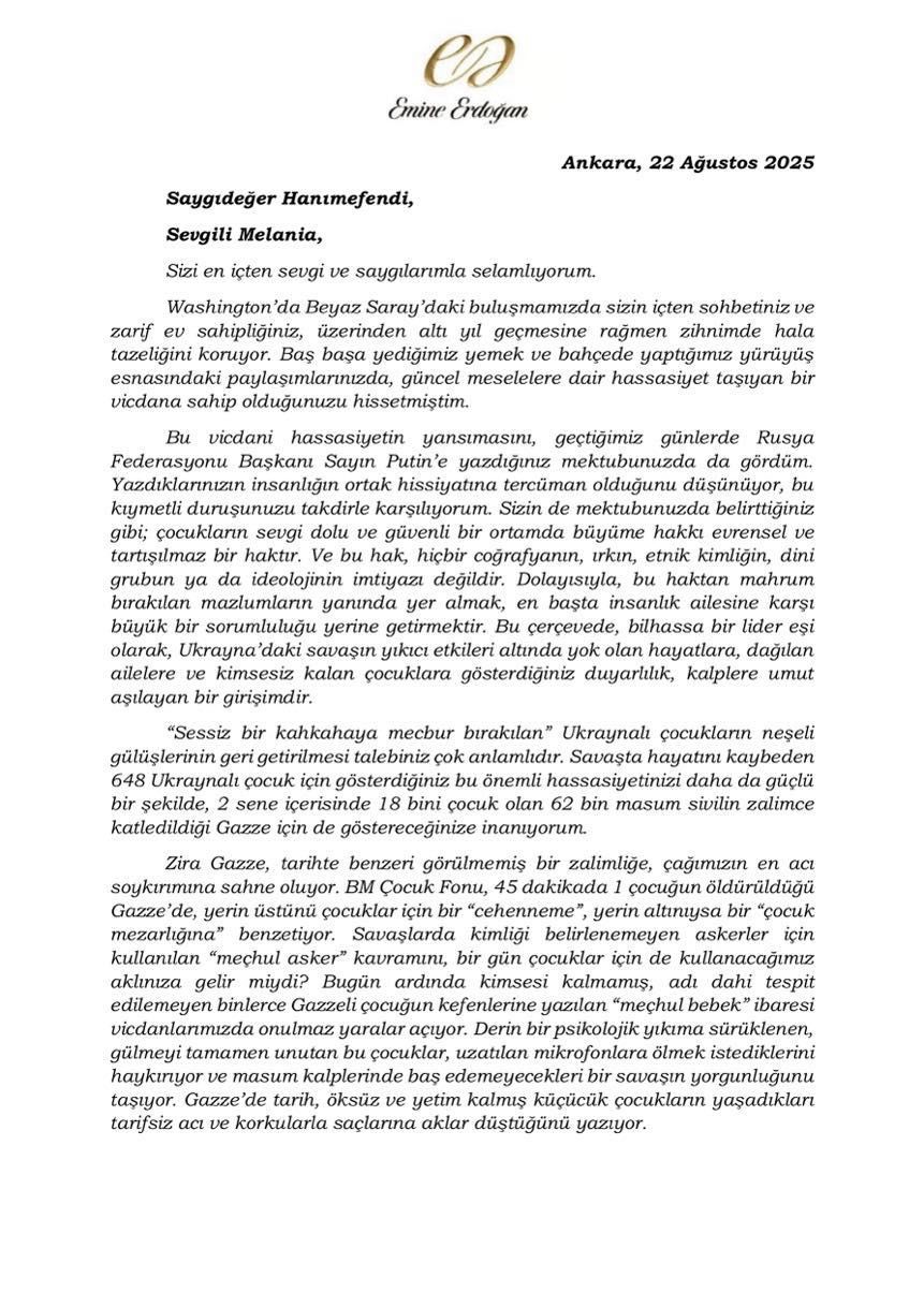 Emine Erdoğan’dan Melania Trump’a Gazze’deki insani krize ilişkin mektup: