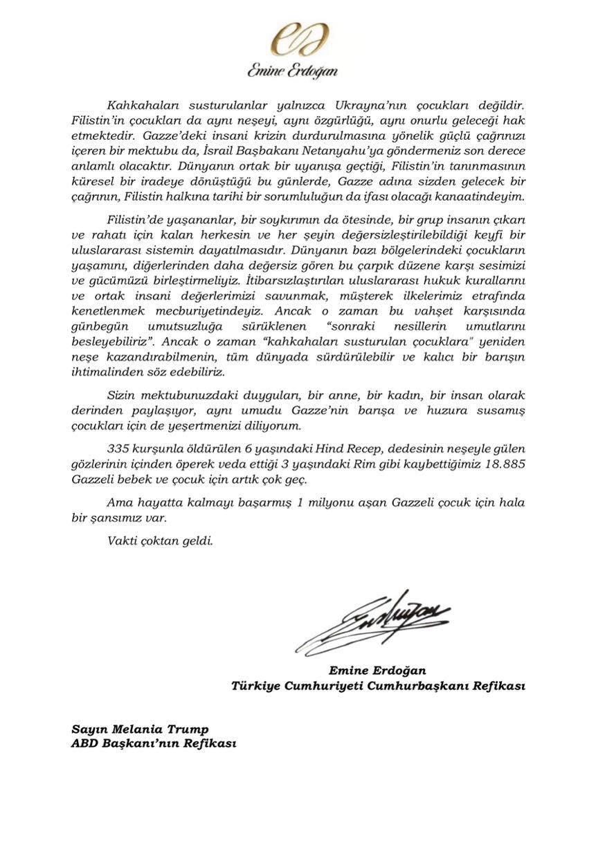 Emine Erdoğan&rsquo;dan Melania Trump&rsquo;a Gazze&rsquo;deki insani krize ilişkin mektup:
