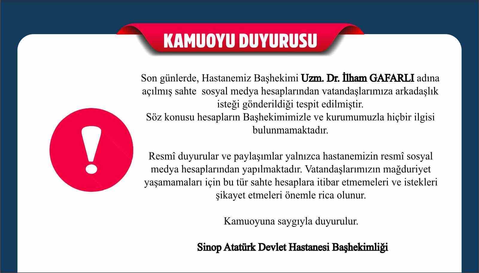 Sinop Atatürk Devlet Hastanesi’nden sahte hesap uyarısı