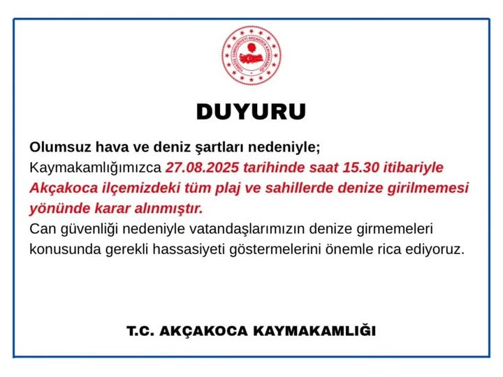 Akçakoca’da denize girmek yasaklandı