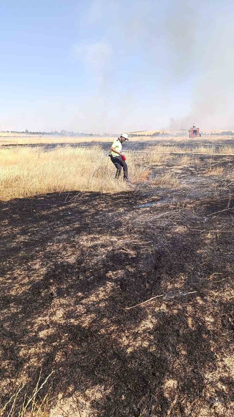 Tarlada &ccedil;ıkan yangını polisler s&ouml;nd&uuml;rd&uuml;
