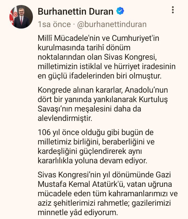 İletişim Başkanı Duran:"106 yıl önce olduğu gibi bugün de milletimiz birliğini, beraberliğini ve kardeşliğini güçlendirerek aynı kararlılıkla yoluna devam ediyor"