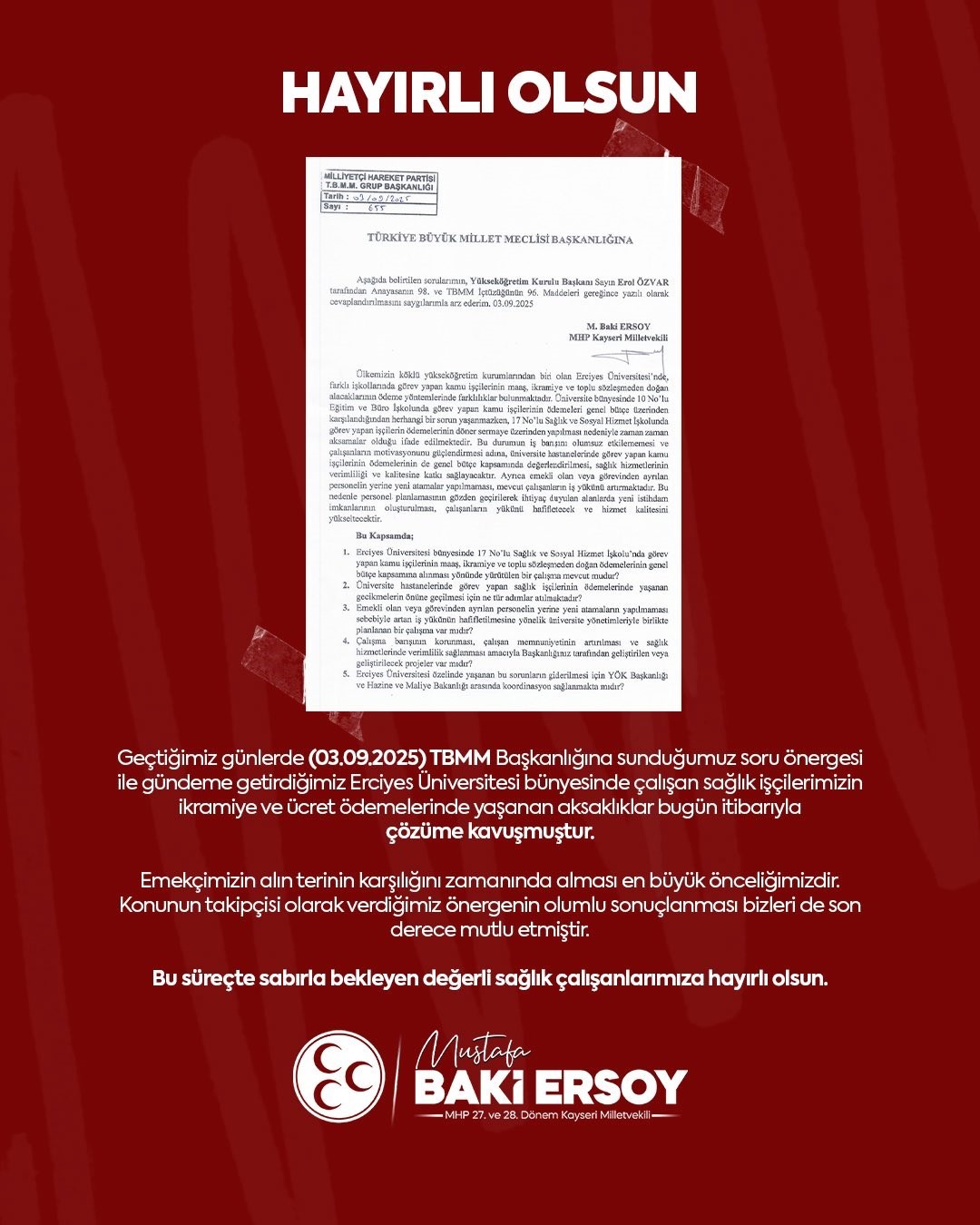 Milletvekili Ersoy’dan sağlık işçilerine müjde