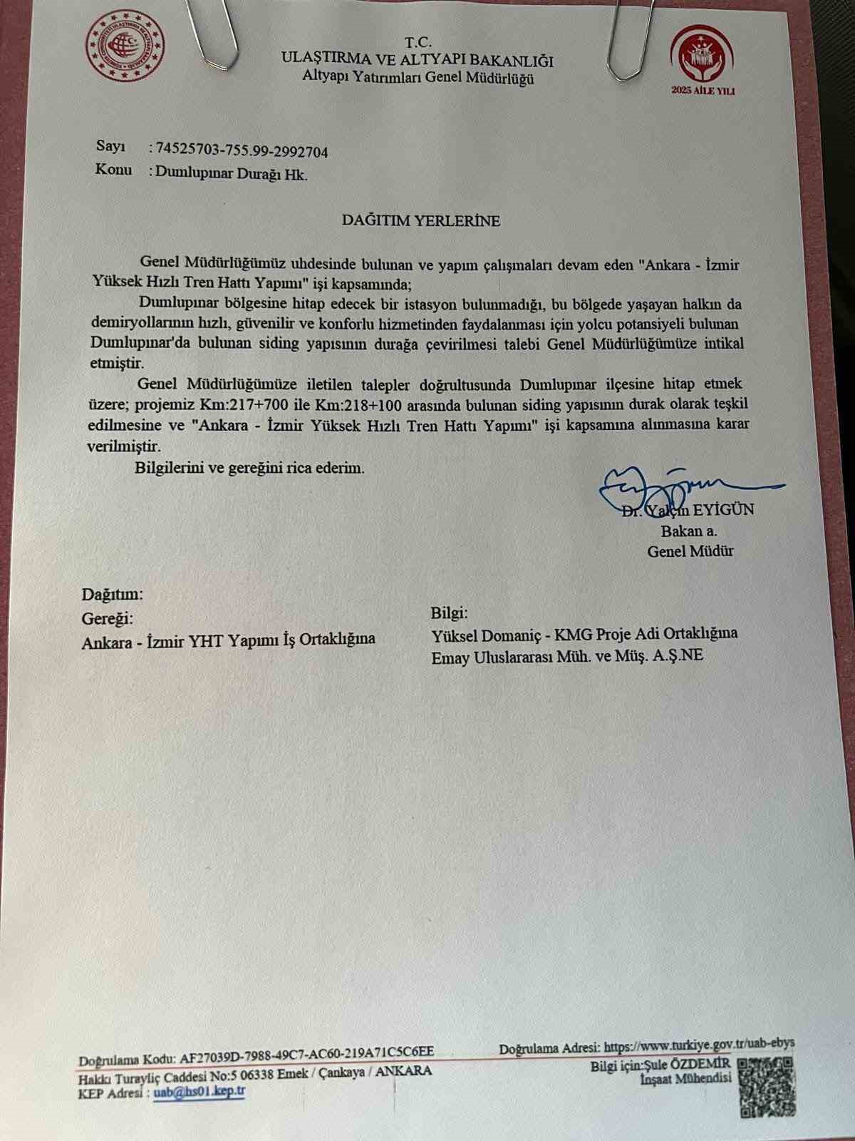 Kütahya Dumlupınar’a hızlı tren durağı müjdesi