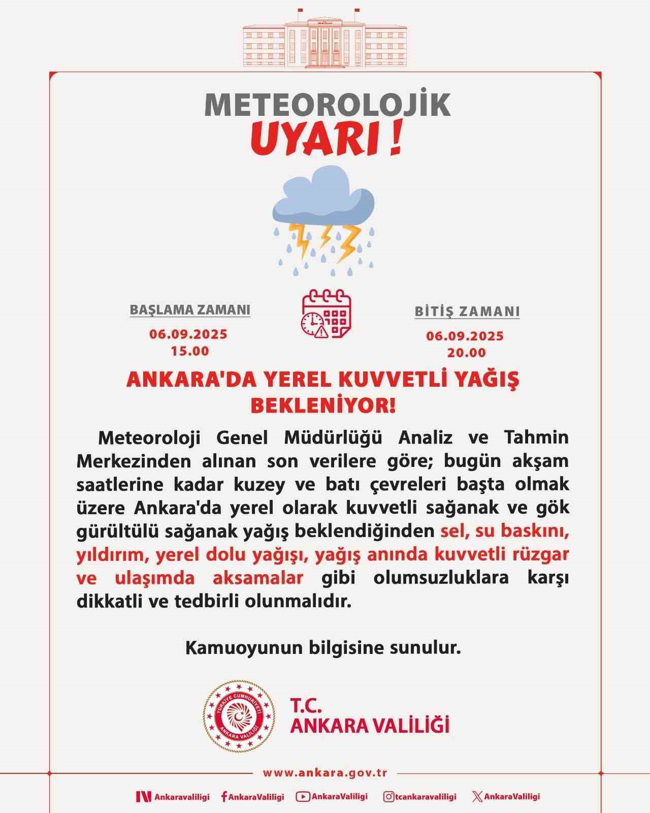 Ankara Valiliği kuvvetli yağışa karşı uyardı