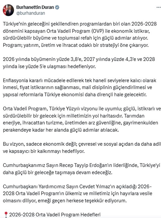 İletişim Başkanı Duran: "Orta Vadeli Program, Türkiye Yüzyılı vizyonuyla uyumlu yol haritasıdır"