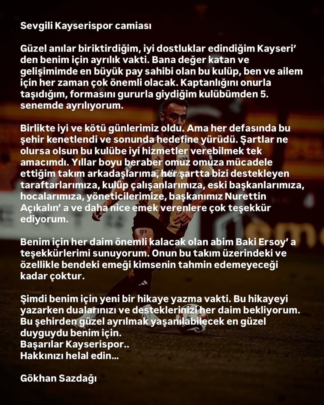 G&ouml;khan Sazdağı, Kayserispor&rsquo;a veda etti
