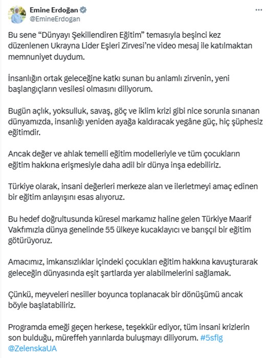 Emine Erdoğan, 5. Lider Eşleri Zirvesi&rsquo;ne video mesaj g&ouml;nderdi
