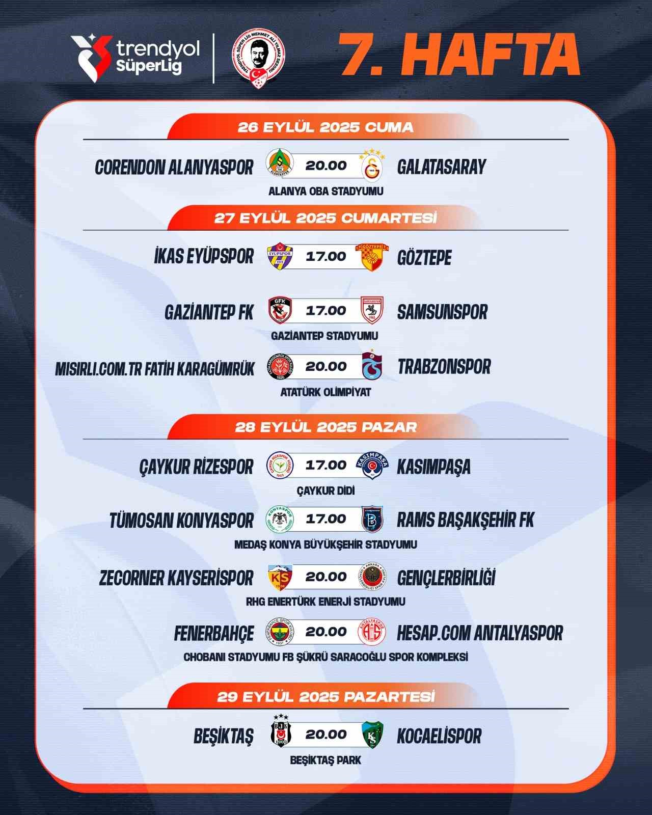 Trendyol Süper Lig’de 7-16. hafta programları açıklandı