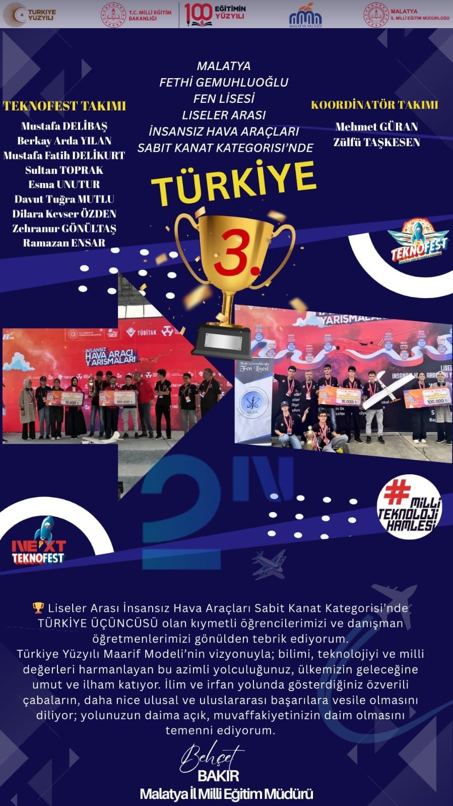 Fethi Gemuhluoğlu Fen Lisesi TEKNOFEST&rsquo;te T&uuml;rkiye &uuml;&ccedil;&uuml;nc&uuml;s&uuml; oldu
