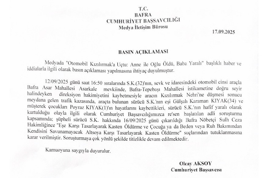 Bafra Cumhuriyet Başsavcılığı&rsquo;ndan &rsquo;Kızılırmak&rsquo;a u&ccedil;an otomobil&rsquo;e ilişkin a&ccedil;ıklama: "S&uuml;r&uuml;c&uuml; doktor tasarlayarak kasten &ouml;ld&uuml;rme su&ccedil;undan tutuklandı"
